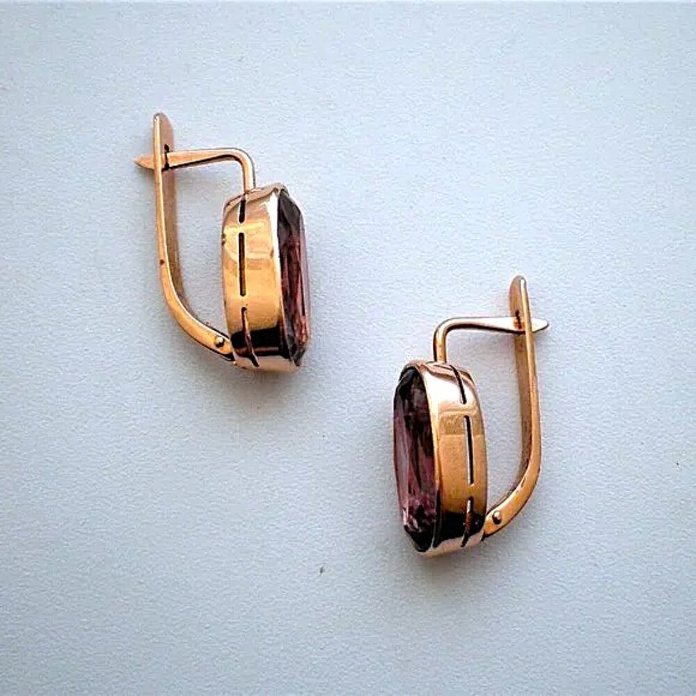 Vintage Russian Russia USSR 14K 583 Rose Pink Gold Alexandrite Dangle EARRINGS - Picture 4 of 8